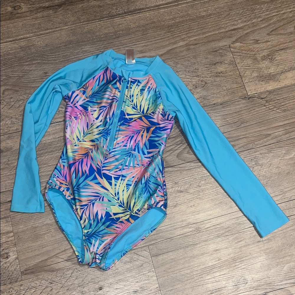 Cat & Jack Turquoise Long-Sleeve One-Piece Rashguard with Multicolor Leaf Print